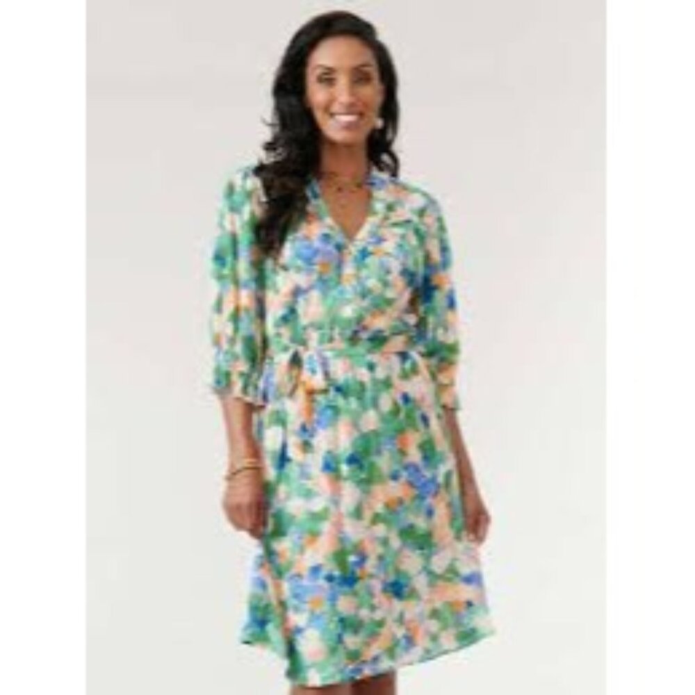 Democracy Lantern Sleeve Button Up Watercolor Floral‎ Dress Size Medium